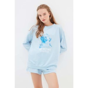 Trendyol Blue Slogan Printed Knitted Pajamas