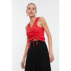 Trendyol Red Ruffle Detailed Corduroy Crop Knitted
