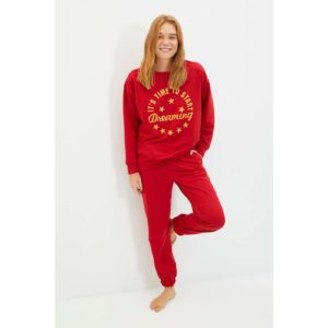 Trendyol Red Slogan Printed Knitted Pajamas