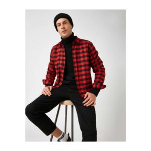 Koton Men's Red Checked Long Sleeve Classic Collar
