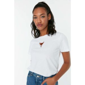 Trendyol White Fox Embroidered Basic Knitted
