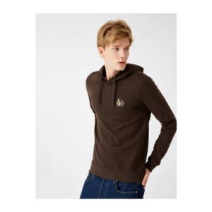 Koton Men's Brown Hooded Embroidered Long Sleeve