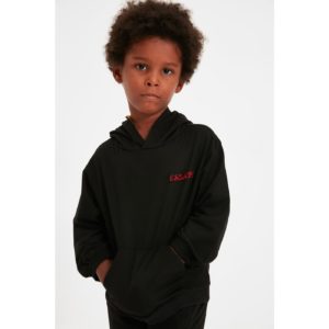Trendyol Black Embroidered Basic Hoodie Boy Knitted