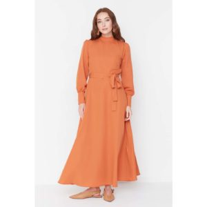 Trendyol Orange Belted Wide Cuffed Stand Collar Cotton Woven