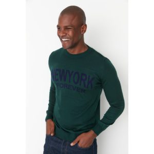 Trendyol Emerald Green Men's Slim Fit Crew Neck Newyork Forever Printed