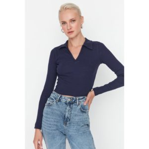 Trendyol Navy Polo Neck Corduroy Crop Knitted