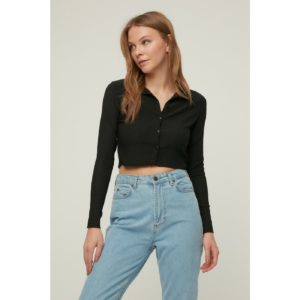 Trendyol Black Buttoned Polo Neck Crepe