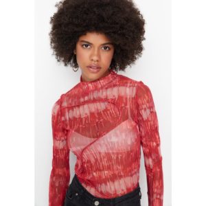 Trendyol Red Patterned Stand Up Collar Tulle Knitted