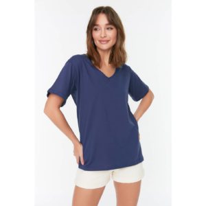 Trendyol Navy Blue 100% Cotton Single Jersey V Neck