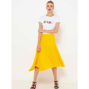 Žlutá asymetrická midi sukně