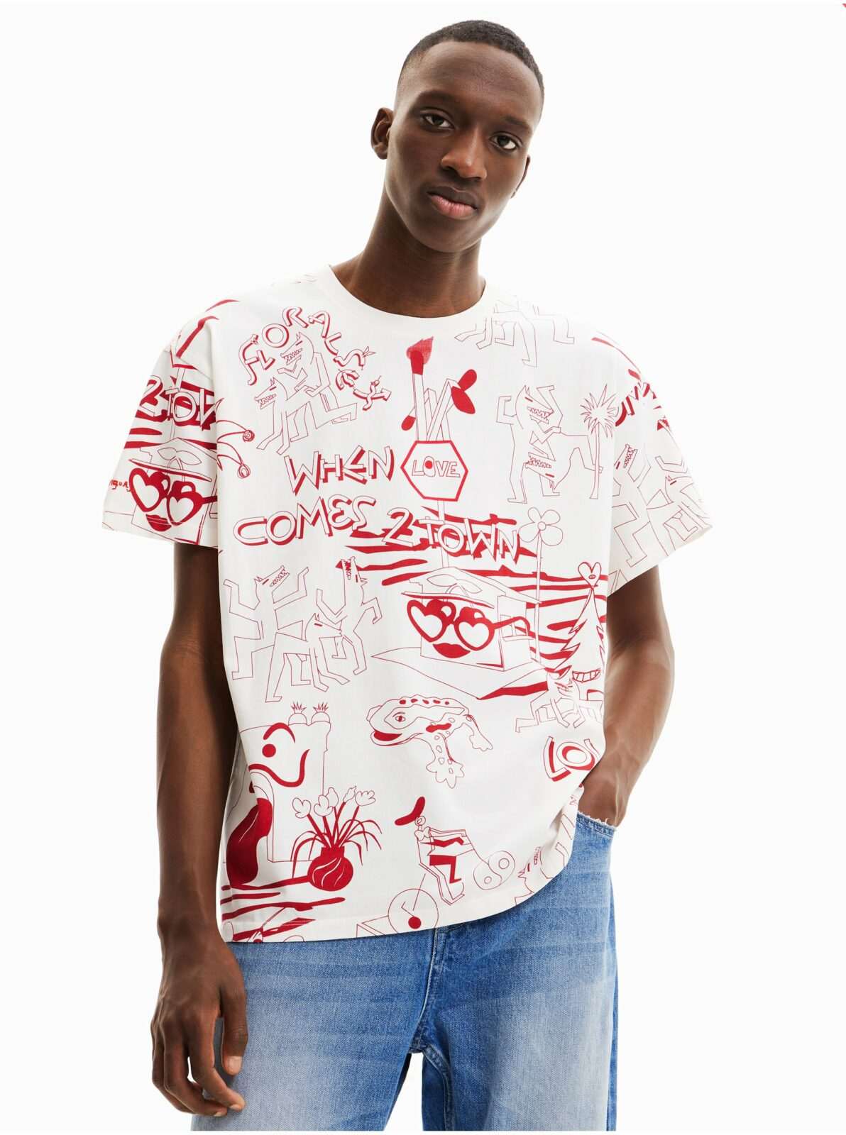 Červeno-bílé pánské vzorované tričko Desigual