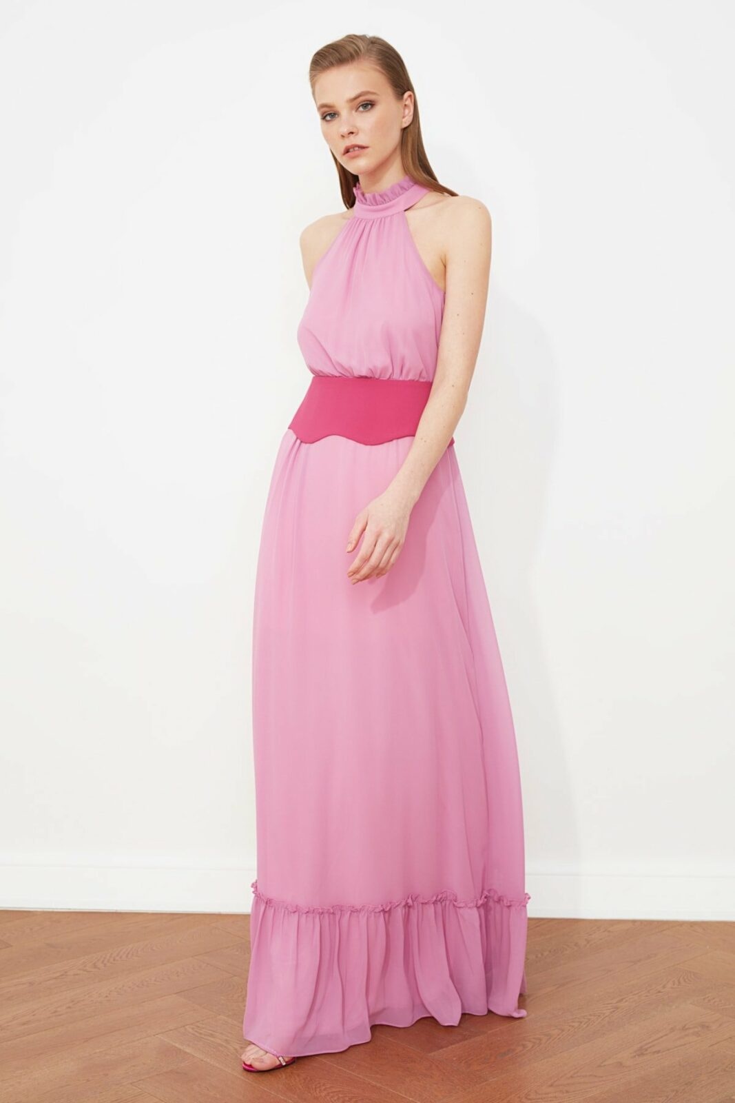 Trendyol Pink Belted Evening Dress