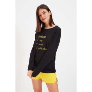 Trendyol Yellow Slogan Printed Knitted Pajamas