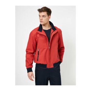 Koton Men's Red Contrast Rib Detailed Zippered