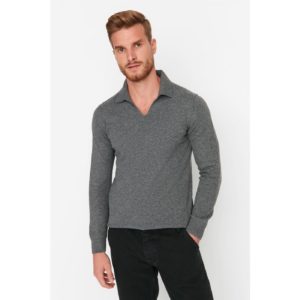 Trendyol Gray Men's Slim Fit Loose Button Polo Neck Smart Knitwear