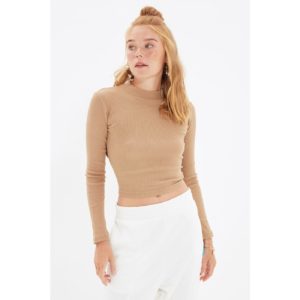 Trendyol Camel Low Back Ribbed Knitted