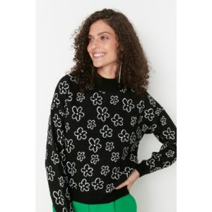 Trendyol Black Floral Pattern Oversize Knitwear