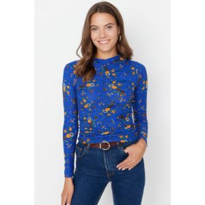 Trendyol Navy Blue Printed Stand Up Collar Pleated Corduroy