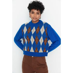 Trendyol Blue Jacquard Crop Knitwear