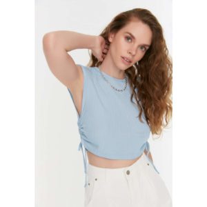 Trendyol Light Blue Waisted Pleated Ribbed Knitted