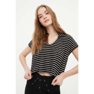 Trendyol Black Striped Polo Neck Crop Knitted