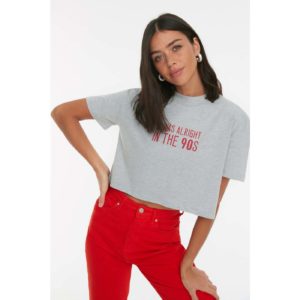 Trendyol Gray Printed Crop Stand Up Knitted