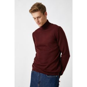Koton Men's Claret Red Turtleneck Long Sleeve Slim Fit Knitwear