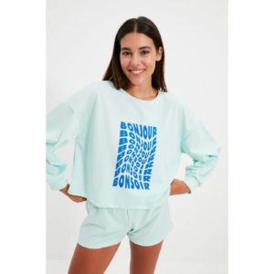 Trendyol Mint Slogan Printed Knitted Pajamas