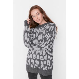 Trendyol Anthracite Crew Neck Animal Patterned Knitwear