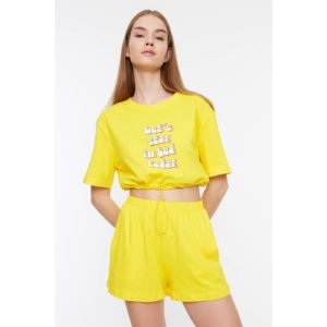 Trendyol Yellow Slogan Printed Crop Knitted Pajamas