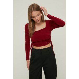 Trendyol Burgundy Square Collar Pleated Knitted