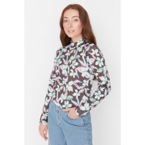 Trendyol Brown Stand Up Collar Printed