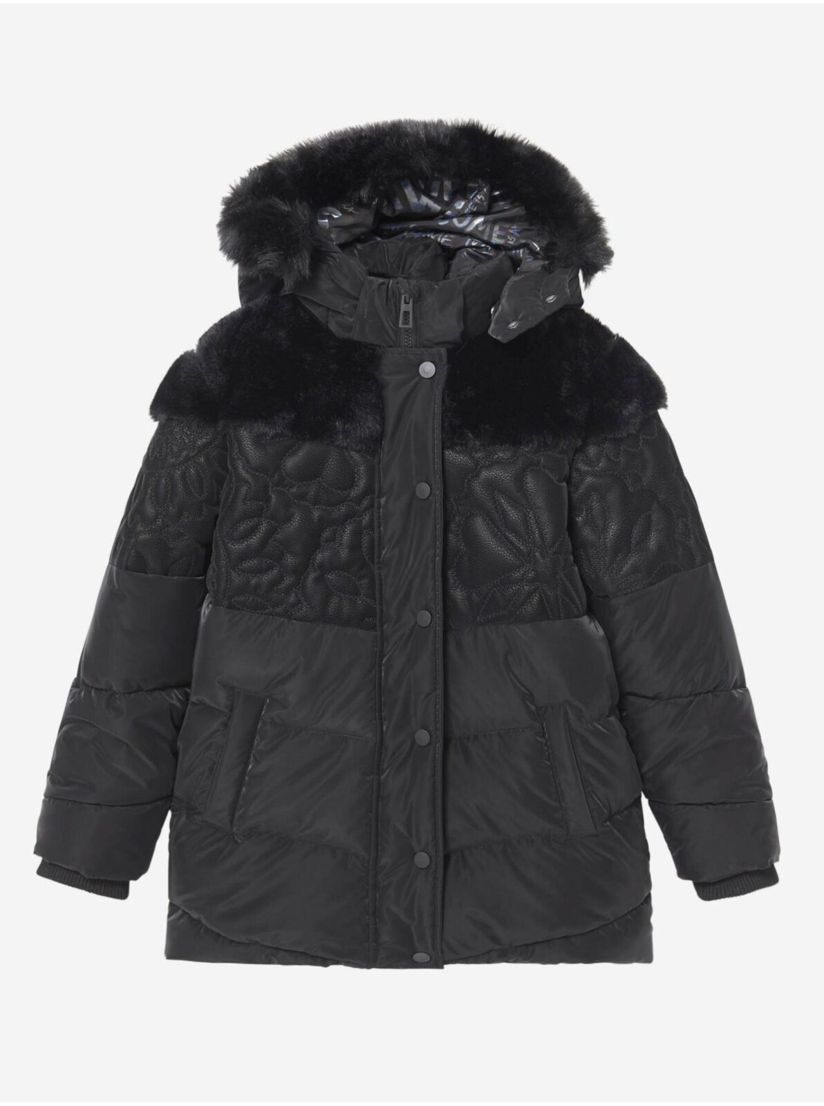 Černá dívčí vzorovaná zimní bunda s kapucí a