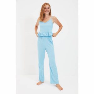 Trendyol Blue Ruffle Detailed Knitted Pajamas