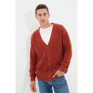 Trendyol Cinnamon Men's V-Neck Wide Fit Oversize Knitwear