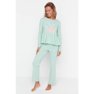 Trendyol Mint Ruffle Detailed Knitted Pajamas