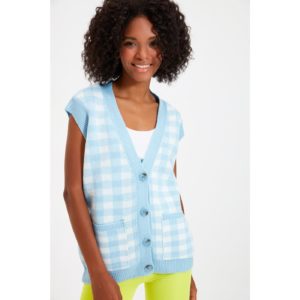 Trendyol Blue Button Detailed Jacquard Knitwear