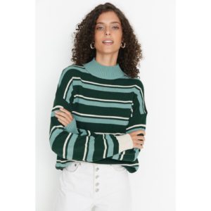 Trendyol Green Striped Stand Up Collar Knitwear