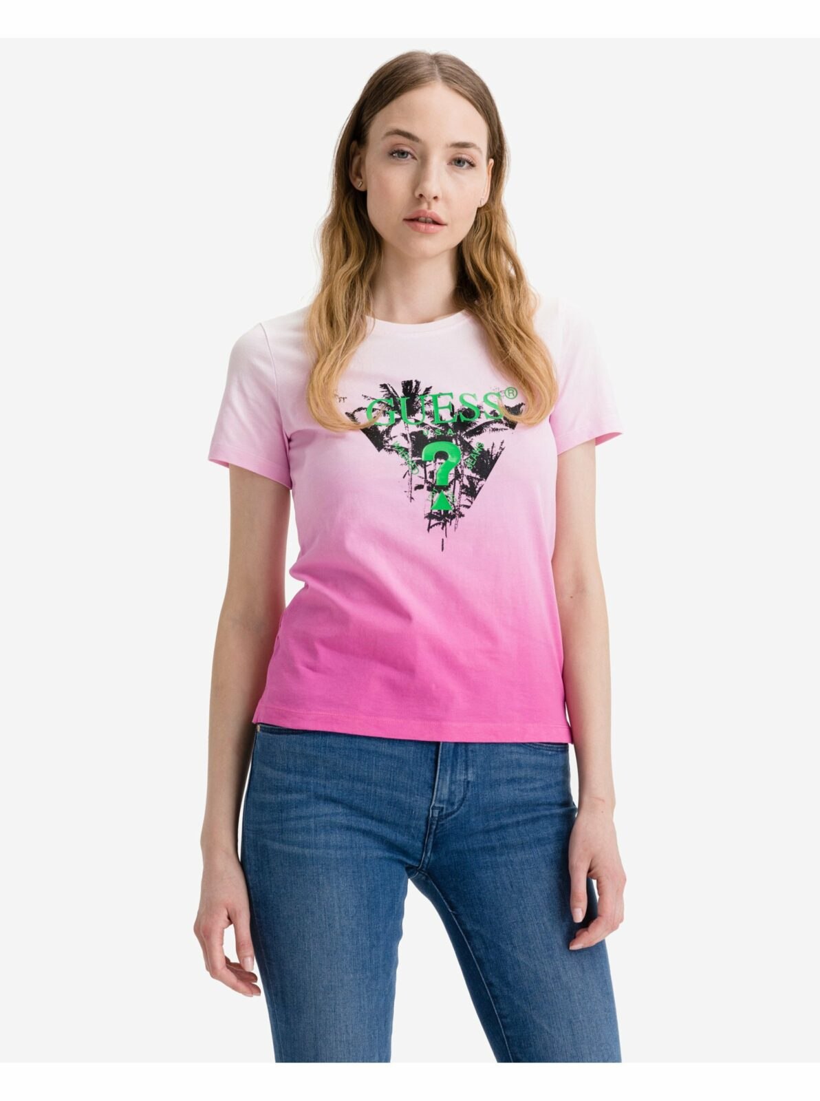 Růžové dámské tričko Guess Palms