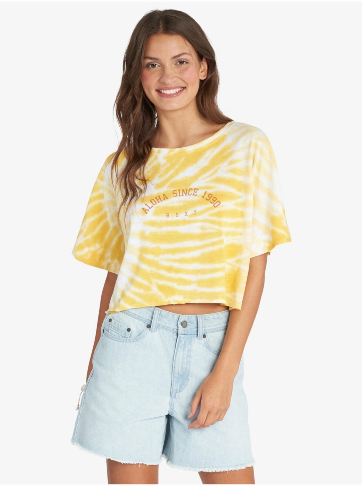 Bílo-žluté dámské vzorované cropped tričko Roxy