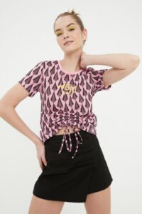 Trendyol Lilac Printed and Shirred Detail Crop Knitted