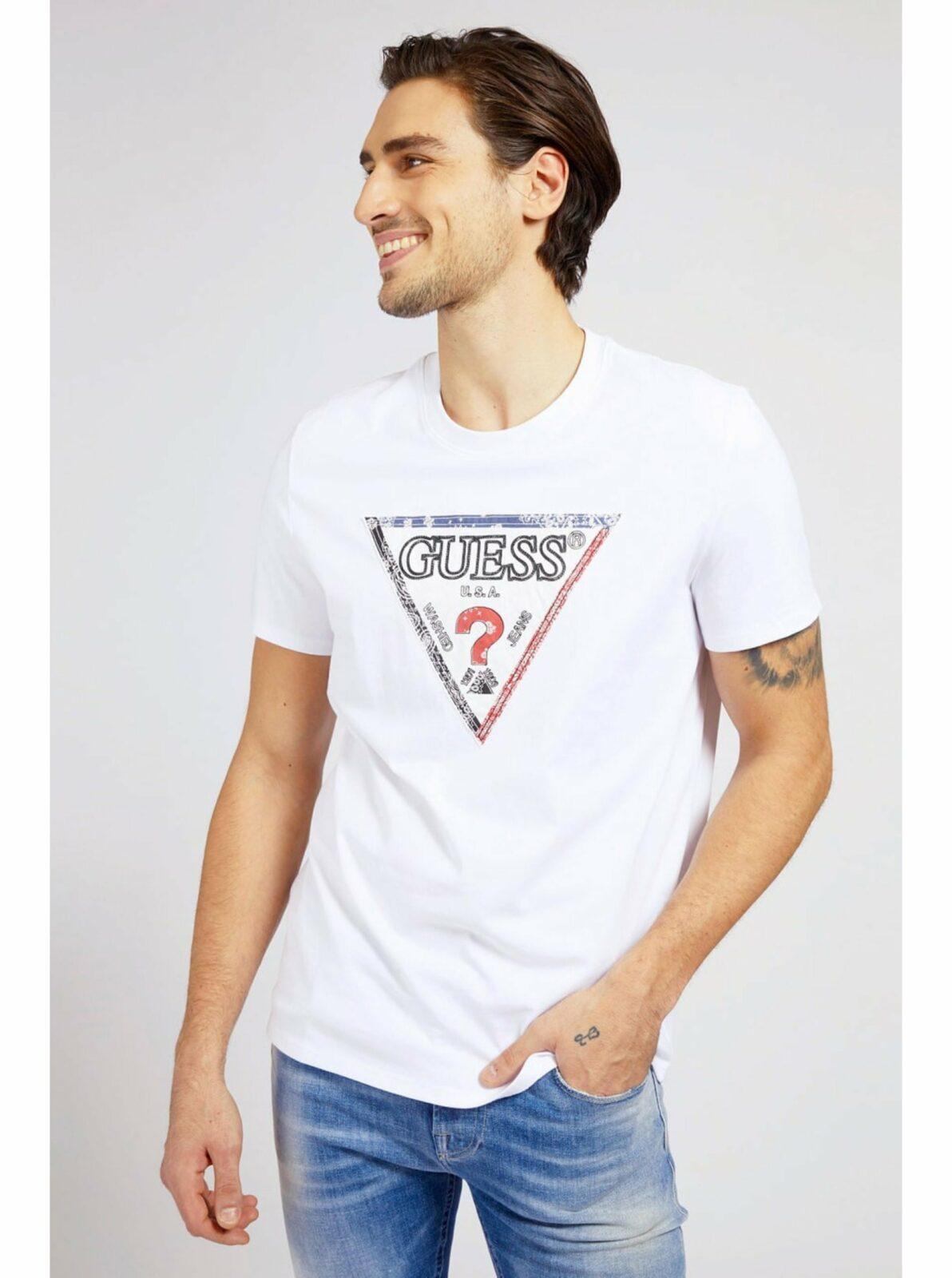 Bílé pánské tričko Guess Triesley Triangle
