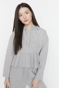 Trendyol Gray Melange Ruffle Detailed Hooded Knitted Pajamas