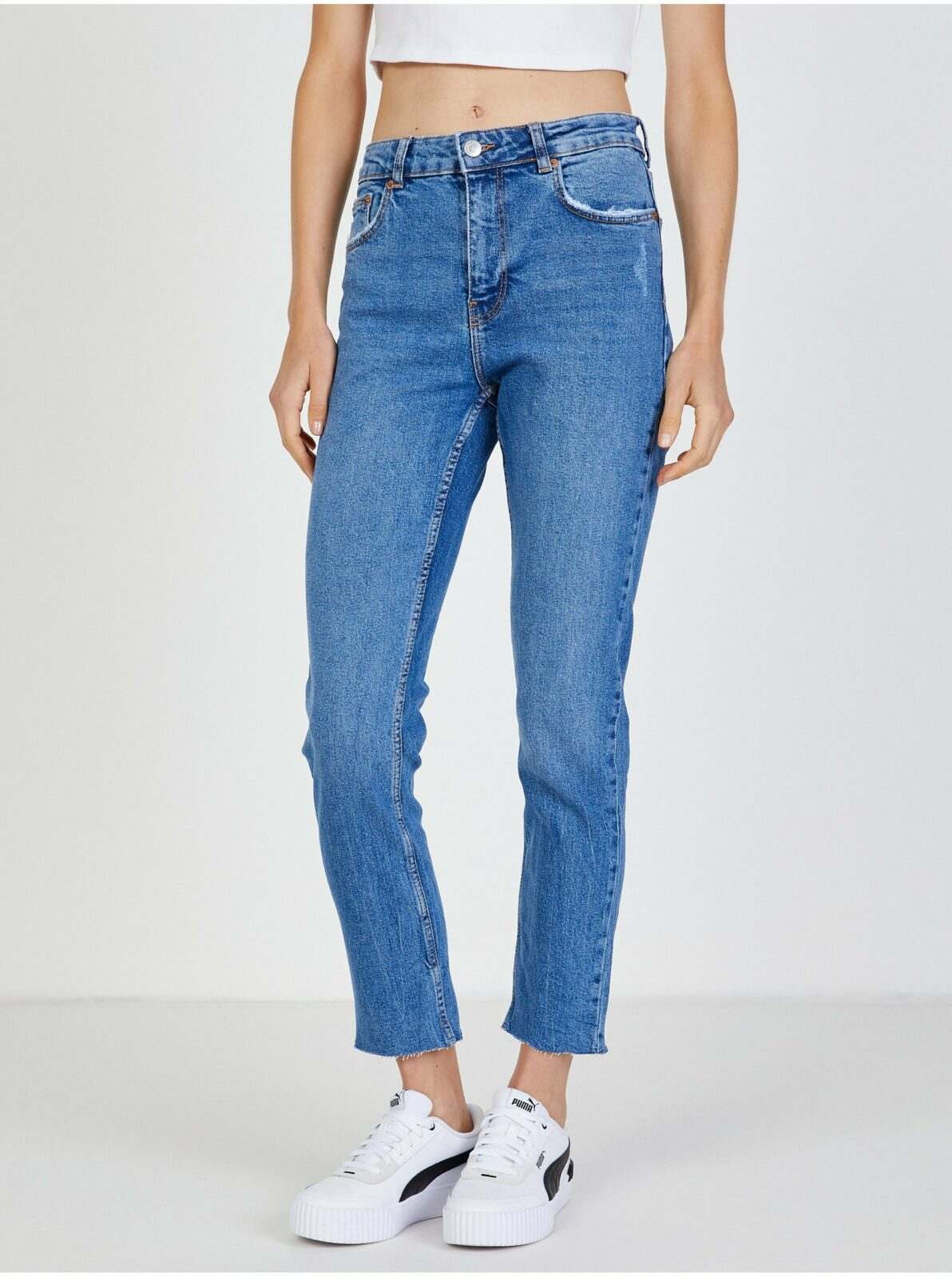 Modré dámské zkrácené slim fit džíny