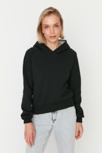 Trendyol Black Hooded Basic Fleece Knitted