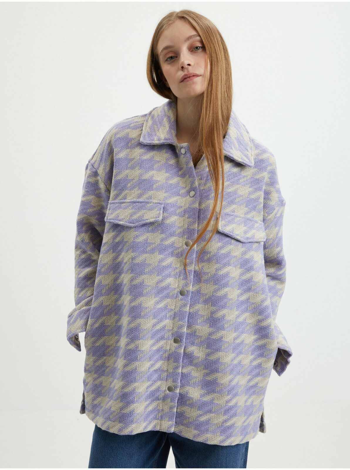 Béžovo-fialová kostkovaná košilová bunda ONLY
