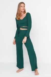 Trendyol Green Cross Tie Detailed Crop Camisole Knitted Pajamas