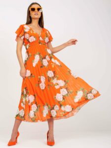 Orange floral pleated dress in