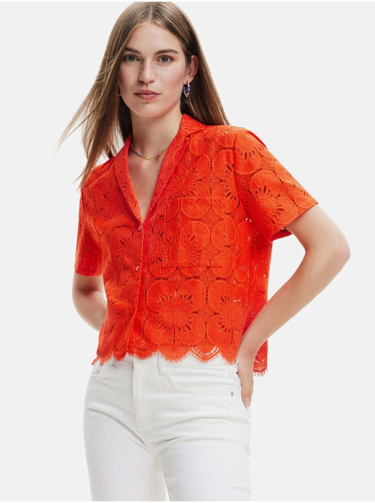 Oranžová dámská krajková košile Desigual