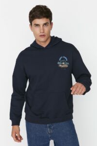 Trendyol Navy Blue Mens Relaxed Fit Hooded Printed